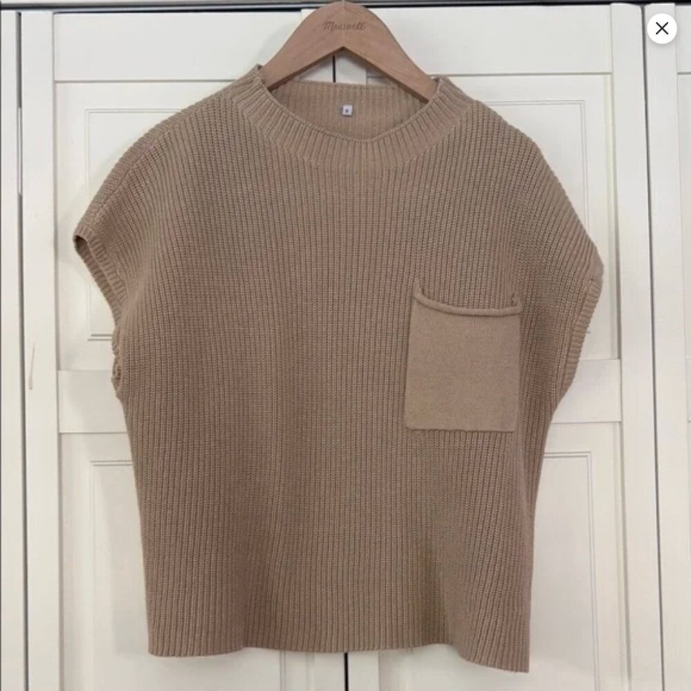 Tan Knit Sleeveless Sweater with front pocket